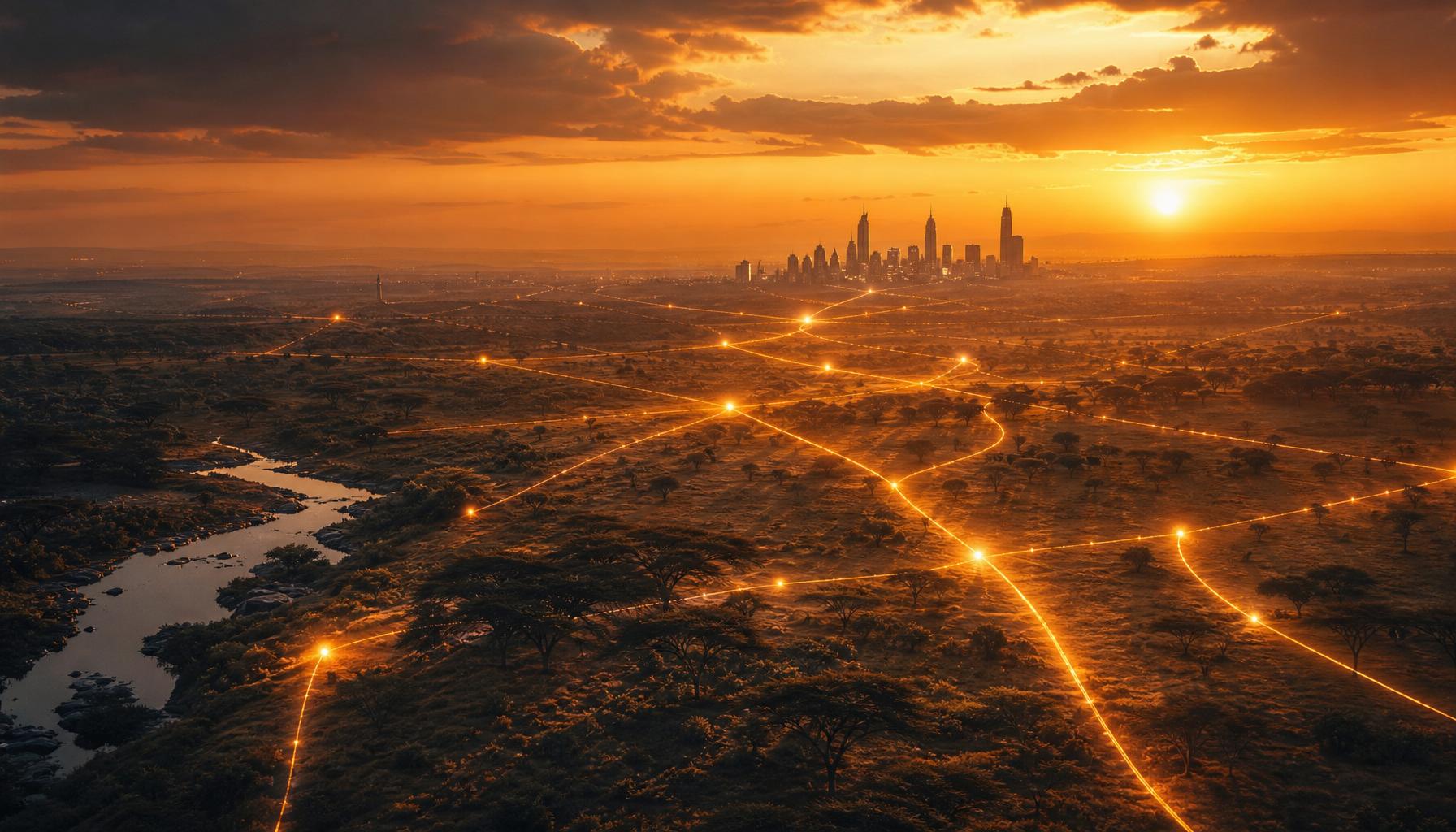 An aerial African savanna at golden hour with glowing pathways converging toward a distant city, symbolizing cross-continental strategy and ecosystem growth.