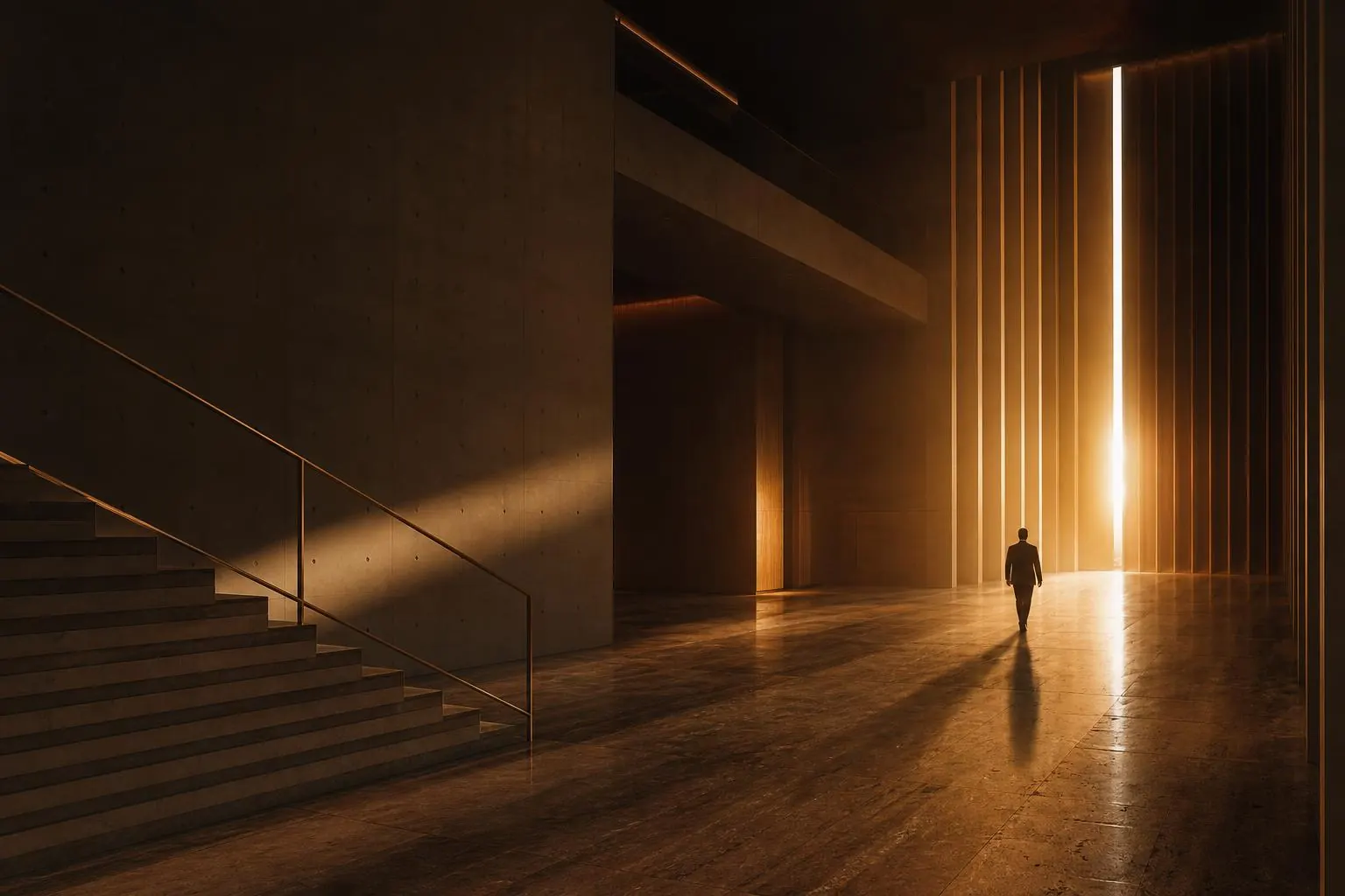 A vast modernist atrium at golden hour, a lone figure walking toward a shaft of warm amber light.