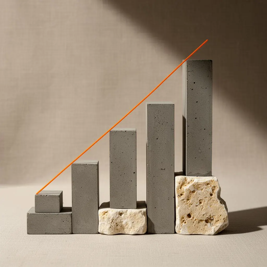 Stacked architectural blocks rising like a bar chart with a thin orange line tracing growth.