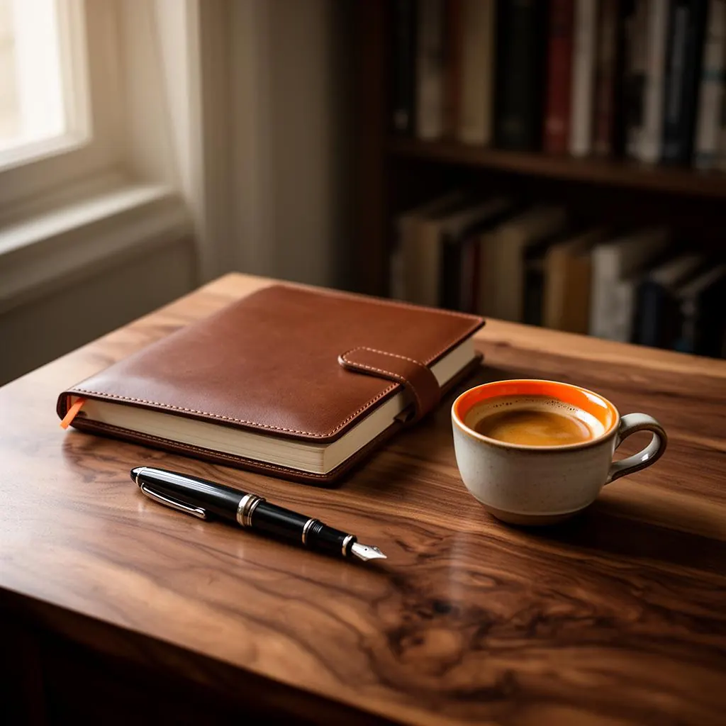 A leather journal, fountain pen, and espresso on a walnut desk in soft morning light.