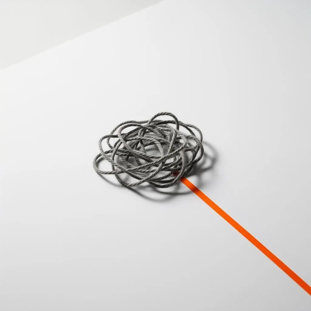 A tangled length of grey string resolving into a single straight orange line — complexity becoming clarity.